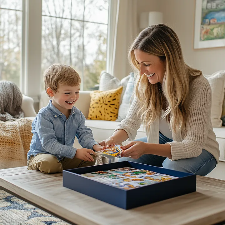A parent and child filling their KeeperBox with artwork at home