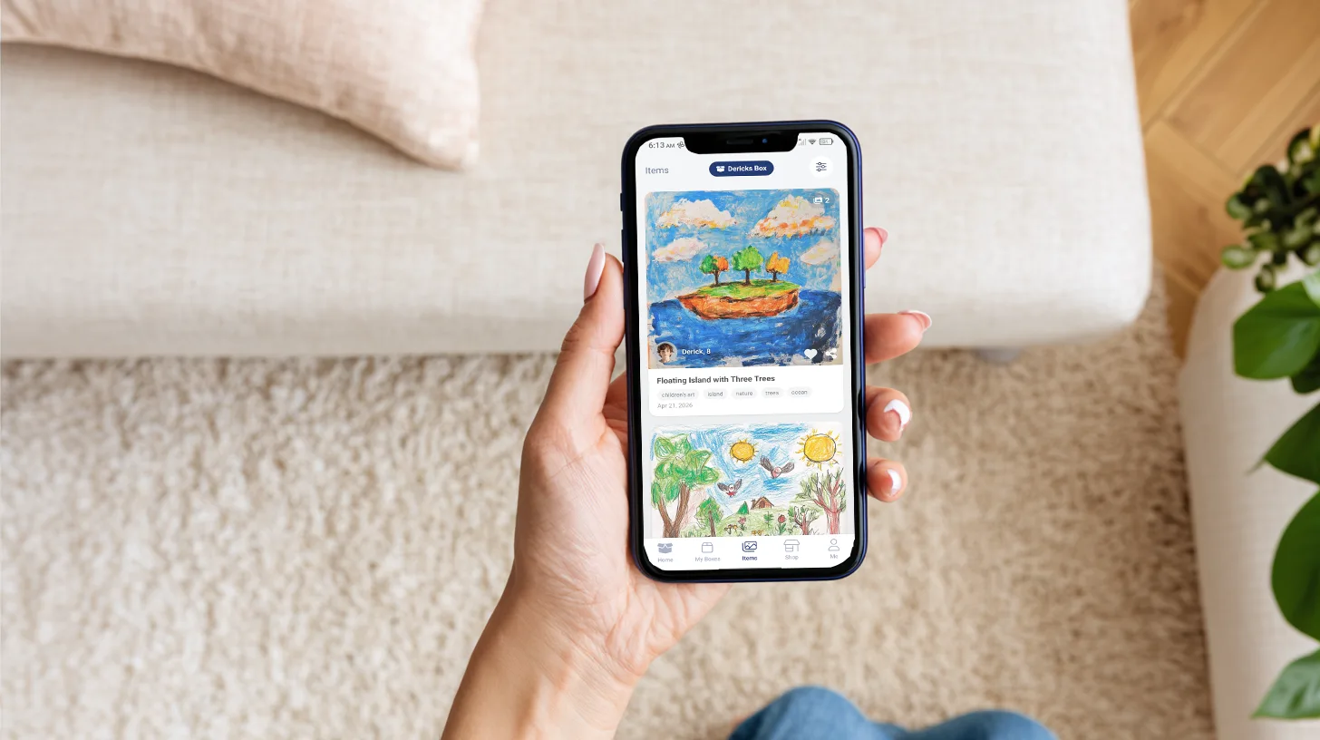 The KeeperBox app showing a child's digitized artwork feed
