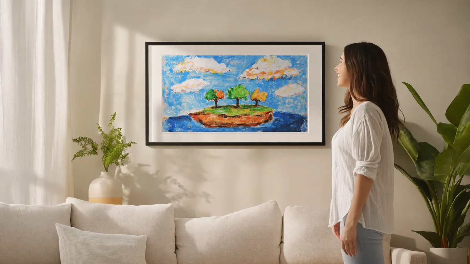 A mom admiring her child's artwork, framed on the living room wall